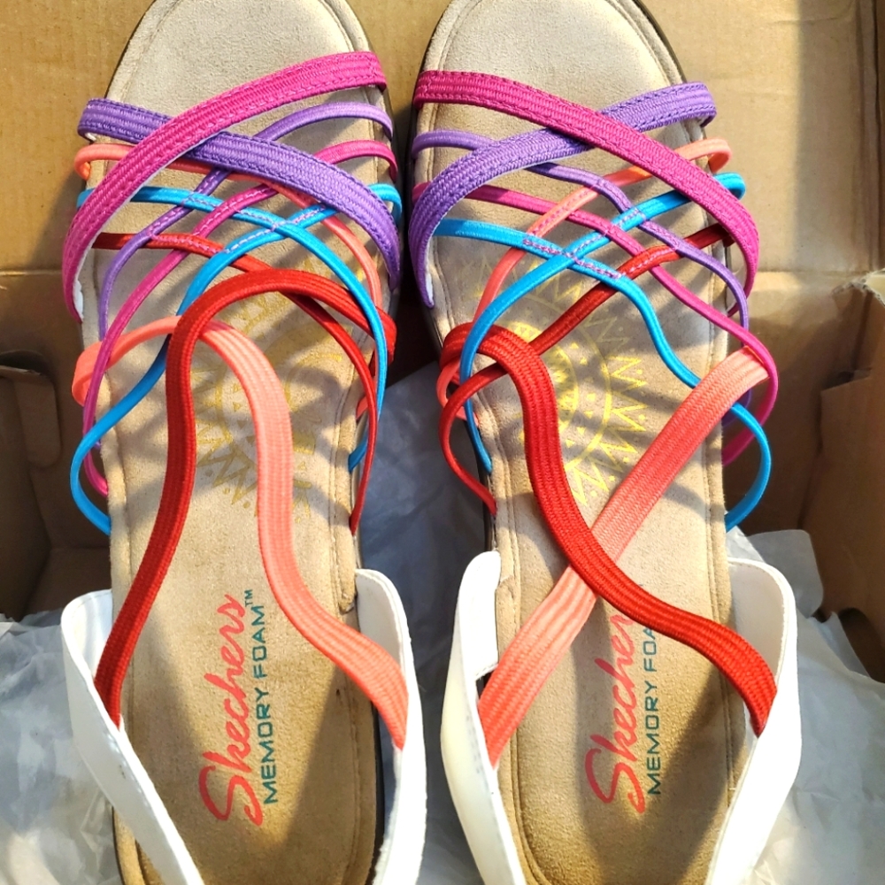 Skechers Strappy Summer Wedges Multi Colored Premium Crossed Wires Size 9 NIB